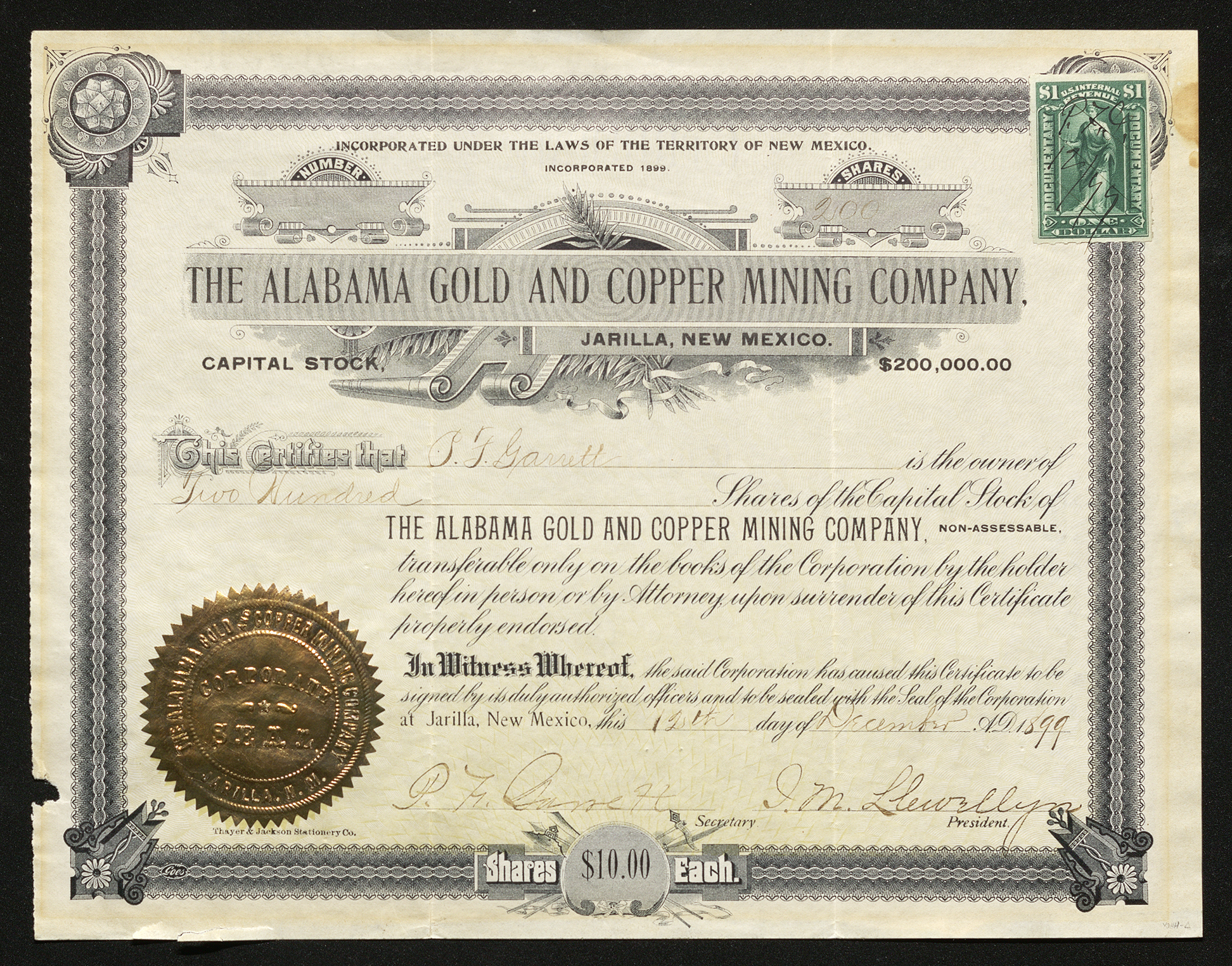 Certificate with blue and black ink shows intricate borders, lettering, signatures, a company seal, an IRS stamp, and a plant and ribbon vignette