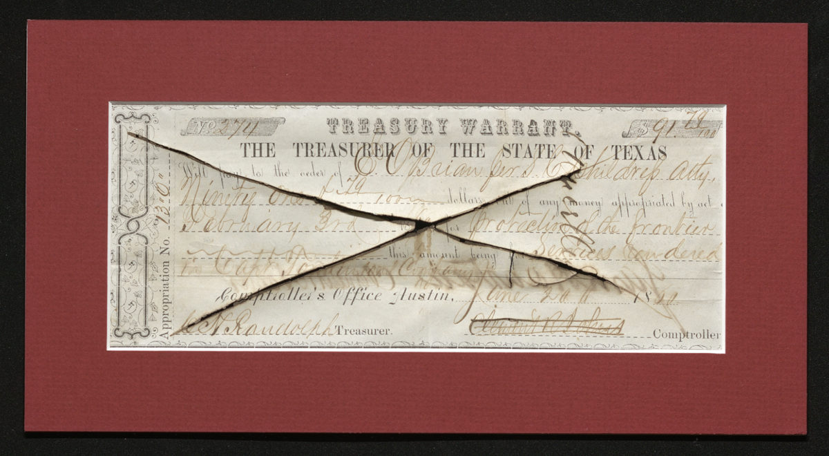 Certificate with black ink shows intricate lettering, signatures, and an X crossing the document where ink bled through and cut the paper