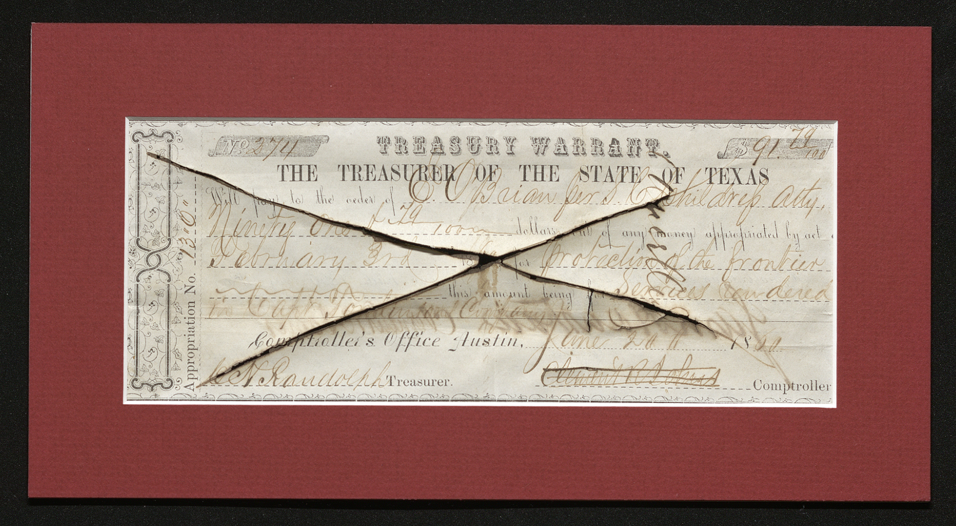 Certificate with black ink shows intricate lettering, signatures, and an X crossing the document where ink bled through and cut the paper