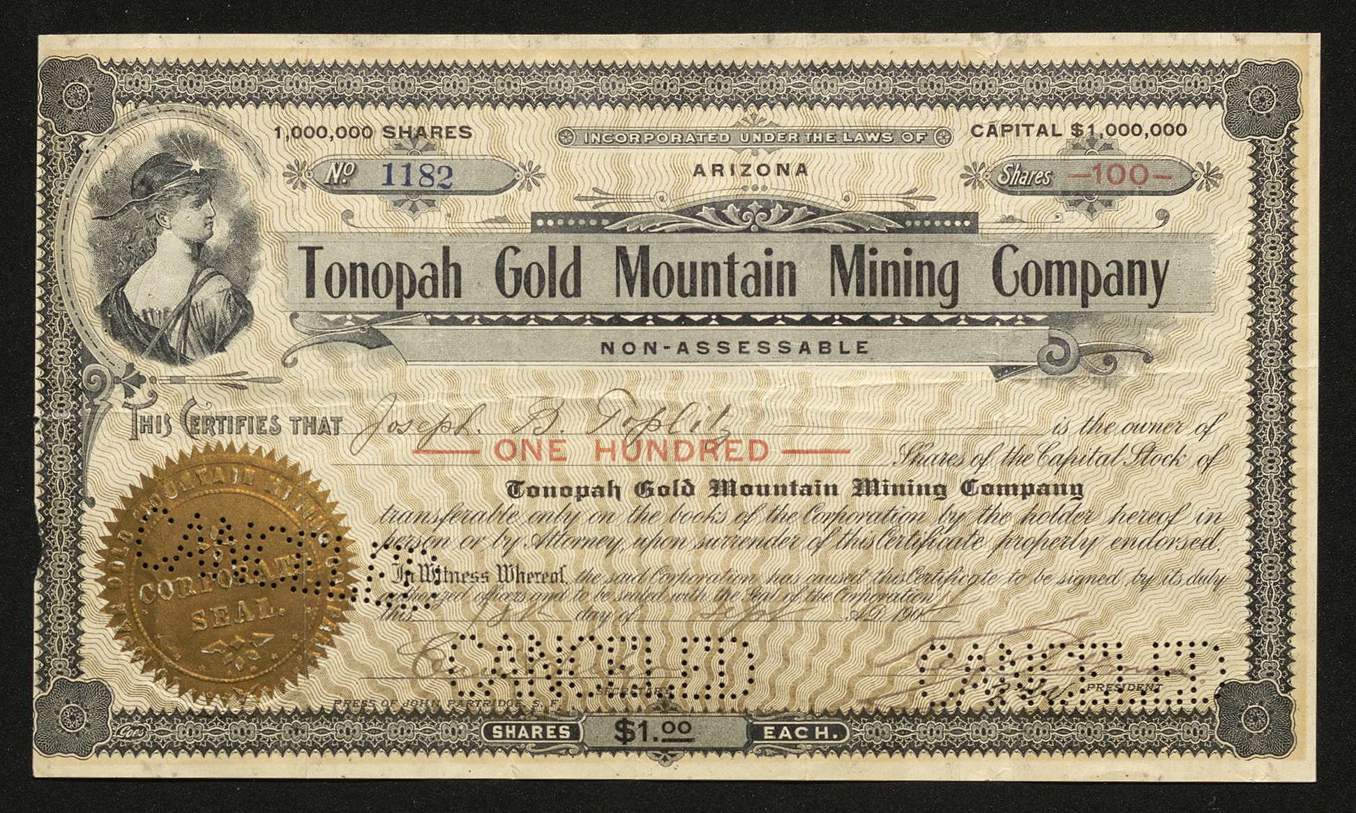 Certificate with black and red ink shows intricate bordering, lettering, signatures, company seal, and vignette of a woman