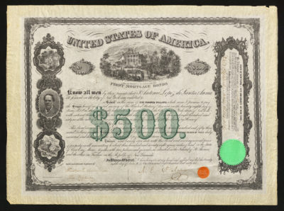 Certificate with black, green, and orange ink shows intricate bordering, lettering, a seal, signatures, and vignettes of a portrait and estates