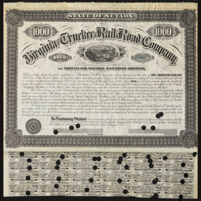 Certificate with black ink shows intricate bordering, lettering, a company seal, signatures, coupons with holes, and train on a bridge vignette