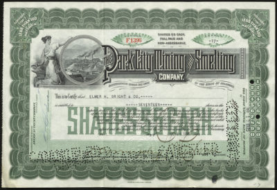 Certificate with black and green ink shows intricate borders, lettering, signatures, cancel stamps, and a vignette of a woman and a city