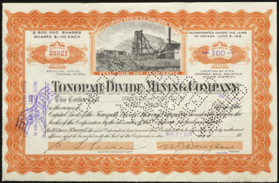 Certificate with black and orange ink shows intricate borders, lettering, signatures, a company seal, cancel stamps, and a vignette of miners