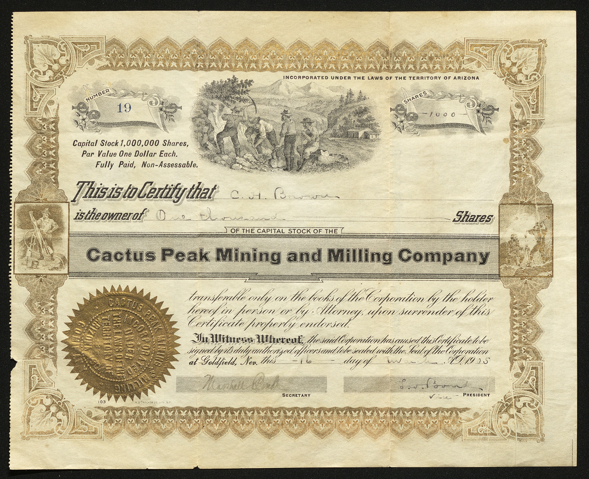 Certificate with black and yellow shows intricate borders, lettering, and signatures and vignettes of miners