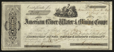 Certificate with black ink shows intricate lettering, signatures, a cancelled stamp, and a vignette of a Greek deity overlooking a ship sailing