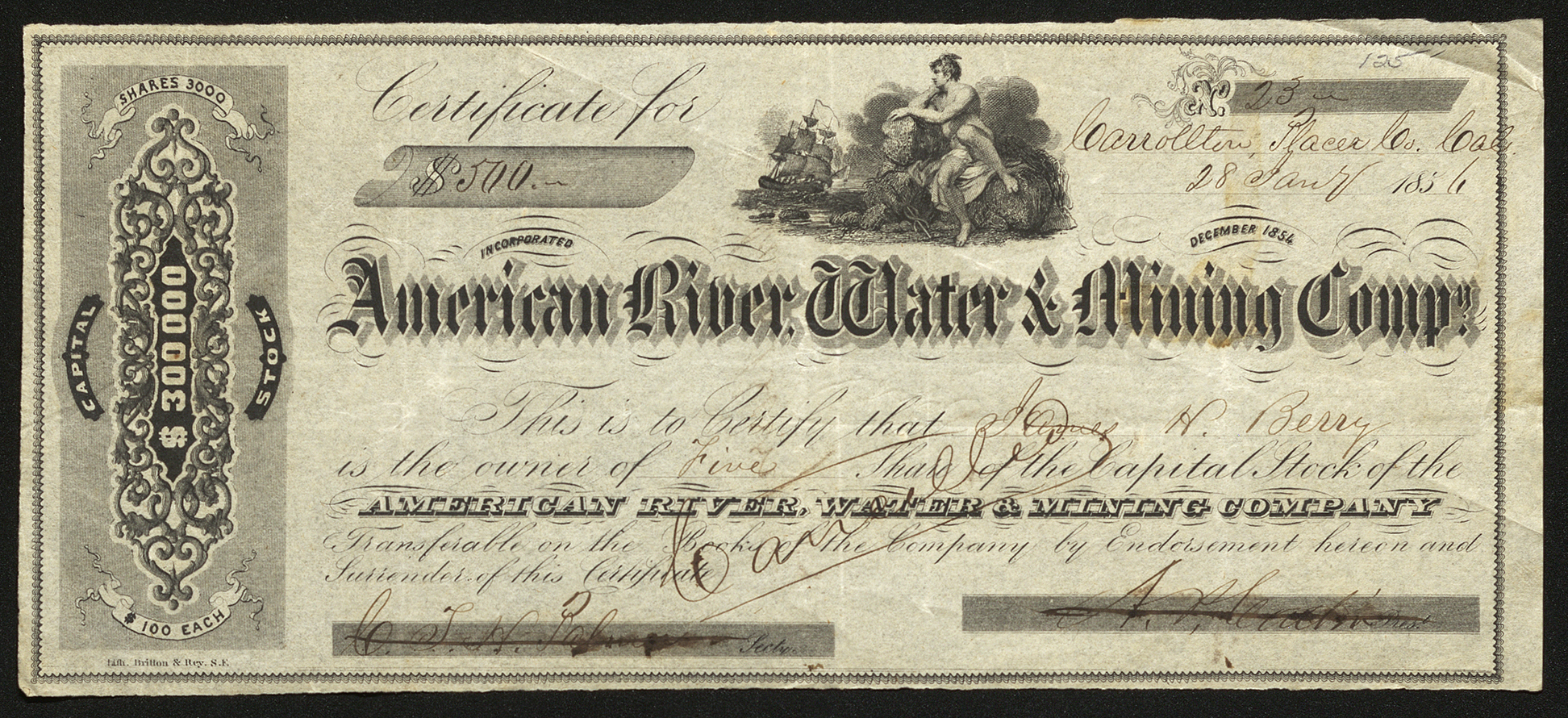 Certificate with black ink shows intricate lettering, signatures, a cancelled stamp, and a vignette of a Greek deity overlooking a ship sailing