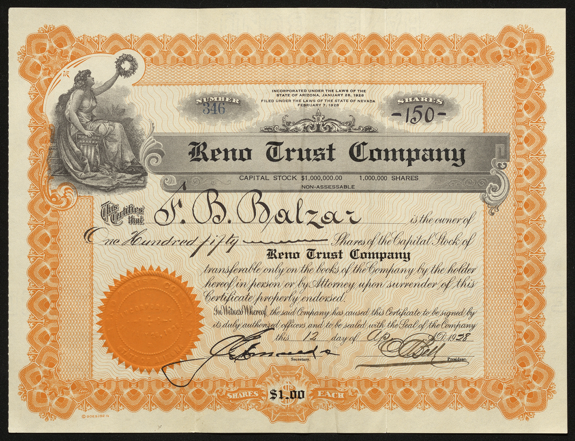 Certificate with black and orange ink shows intricate borders, lettering, a company seal, signatures, and a vignette with a woman with a shield