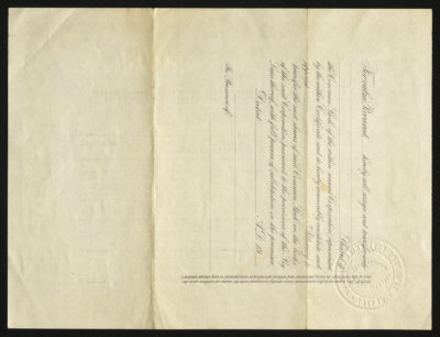 Backside shows various legal language and spaces for dates and signatures and an embossed seal