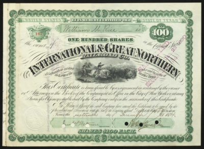 Certificate with black and green ink shows intricate bordering, lettering, a company seal, signatures and a vignette of men on horses with cattle