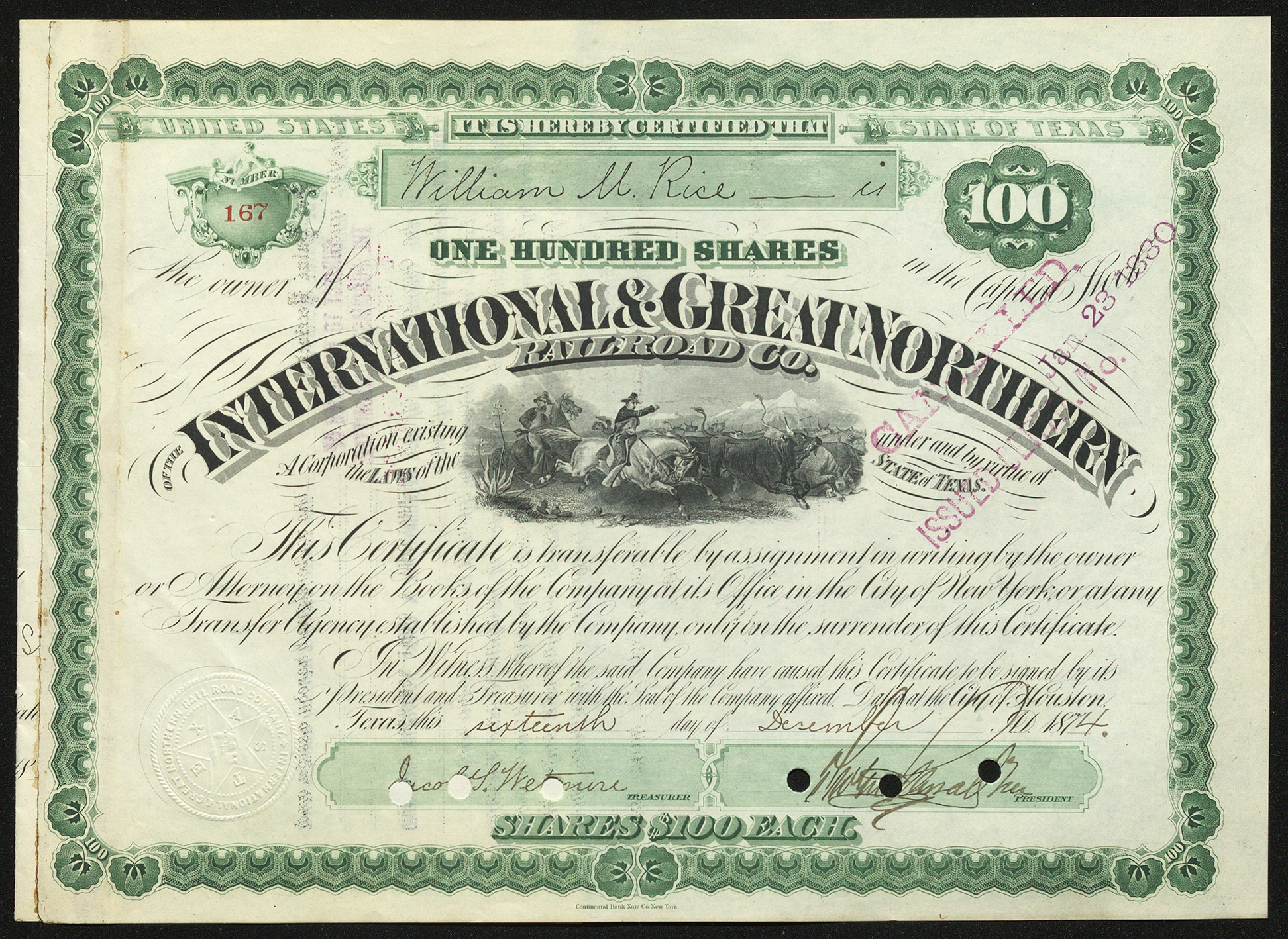 Certificate with black and green ink shows intricate bordering, lettering, a company seal, signatures and a vignette of men on horses with cattle
