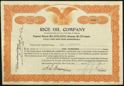 Certificate with black, blue, and orange ink shows intricate bordering, lettering, a company seal, signatures and a vignette of an eagle