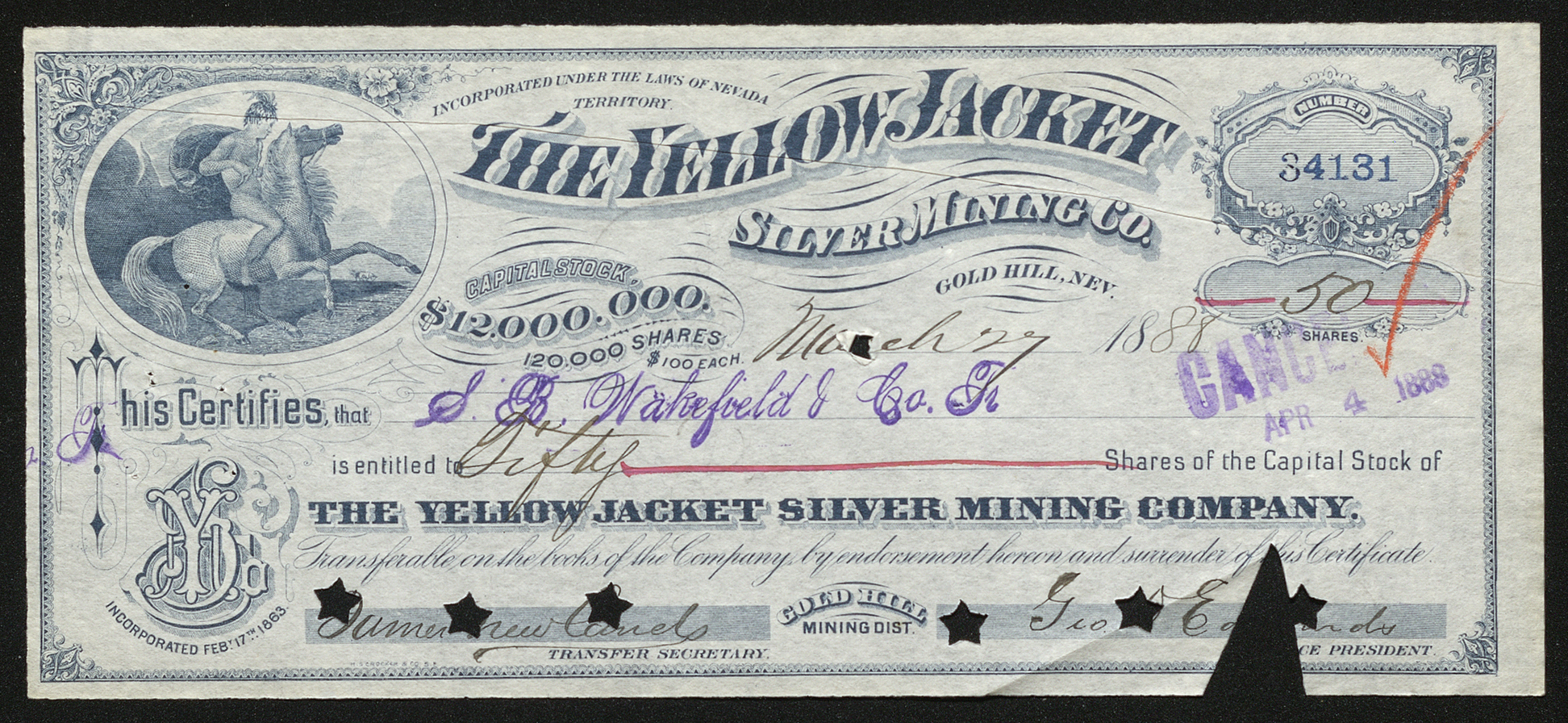 Certificate with black, blue and red ink shows intricate borders, lettering, company seal, signatures and a vignette of a man riding a horse