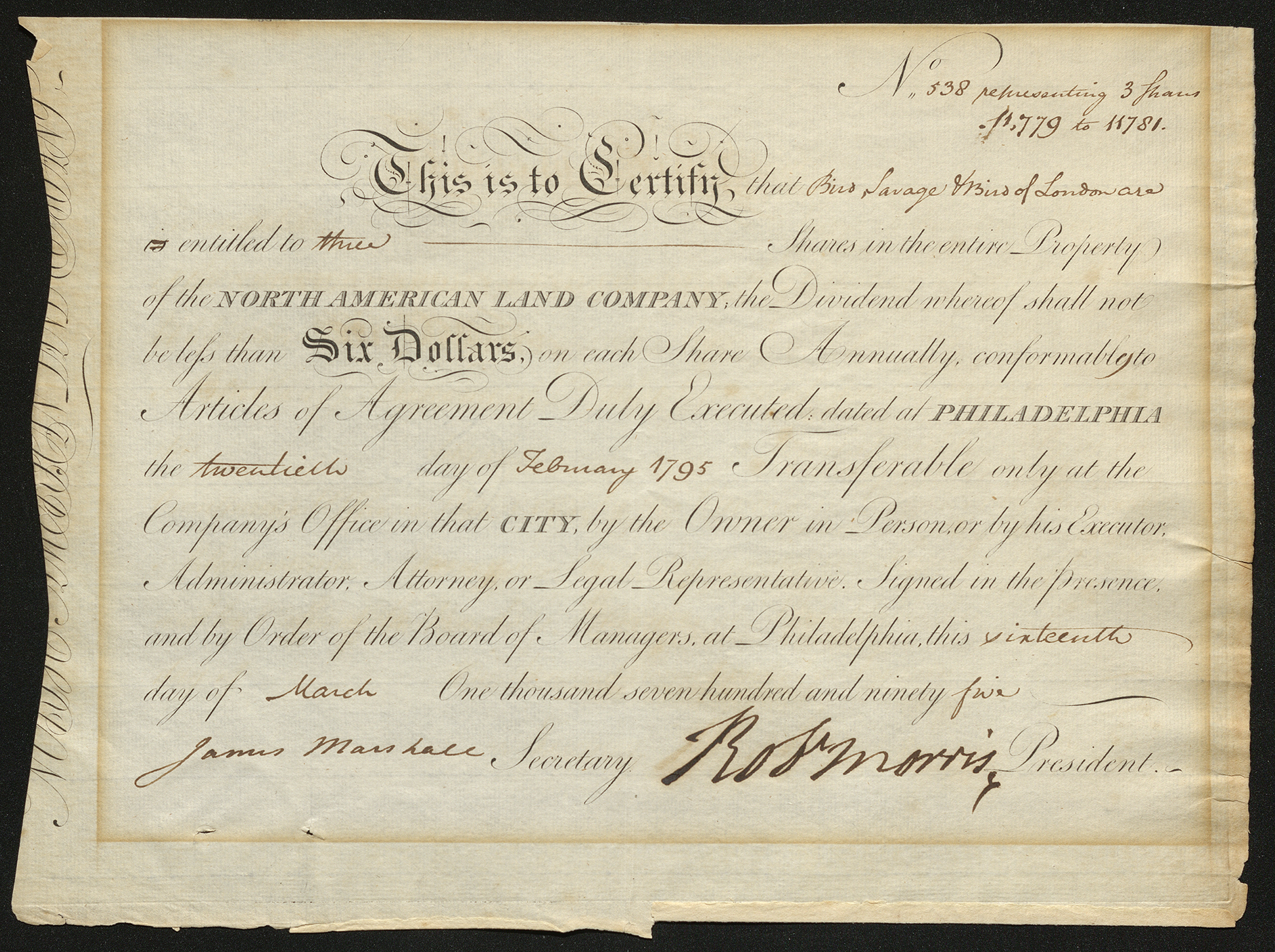 Certificate with black ink shows writing and signatures