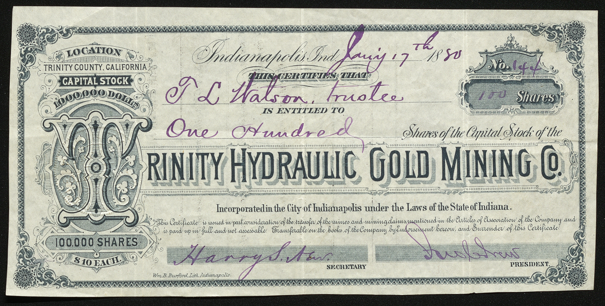 Certificate with blue and black ink shows intricate bordering, lettering, company seal, and ornate floral patterns