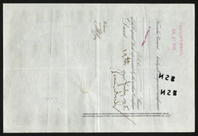 Backside shows legal language with dates, amounts, signatures, punched out letters, and purple date stamps