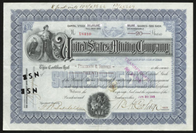 Certificate with blue and black ink shows intricate bordering, lettering, company seal, stamps and vignettes with a Greek god, eagle, and miners