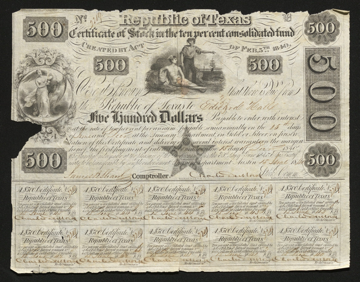 Certificate with black ink shows intricate borders and lettering, signatures, vignettes of a Greek god, woman, sailor, boat, and eagle and coupons