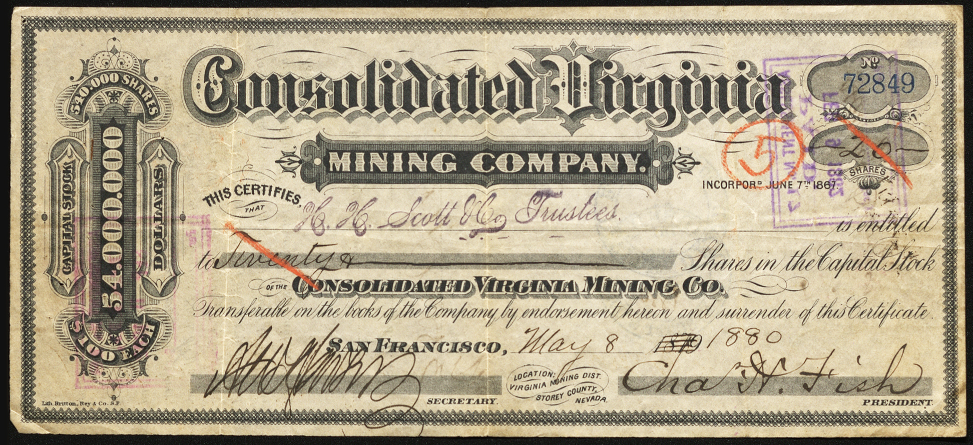 Certificate with black ink shows intricate borders and lettering with red strike-through words and two purple bleed-through stamps
