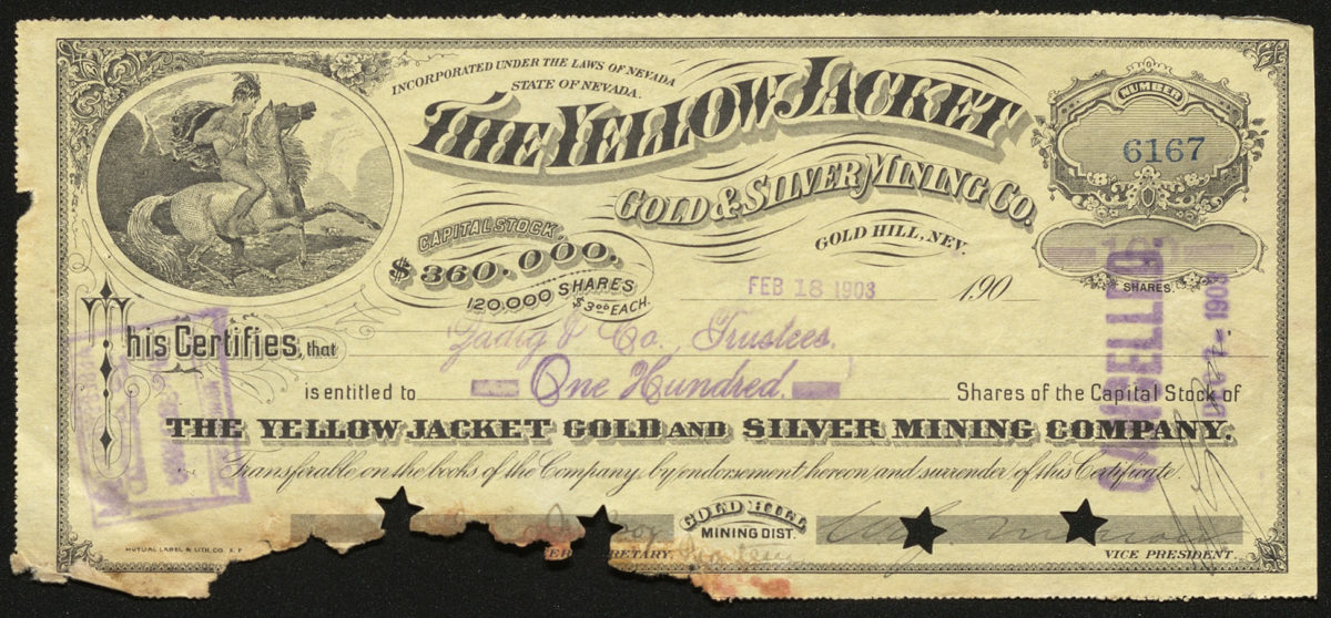 Certificate with black ink shows intricate borders, lettering, vignettes with men, horses, and a river, cancellation stamp & star-shaped cutouts