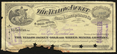 Certificate with black ink shows intricate borders, lettering, vignettes with men, horses, and a river, cancellation stamp & star-shaped cutouts