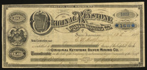 Certificate with black ink shows intricate borders, lettering, and vignettes with horses, a boat, an eagle, and “Liberty, Virtue, Independence.”