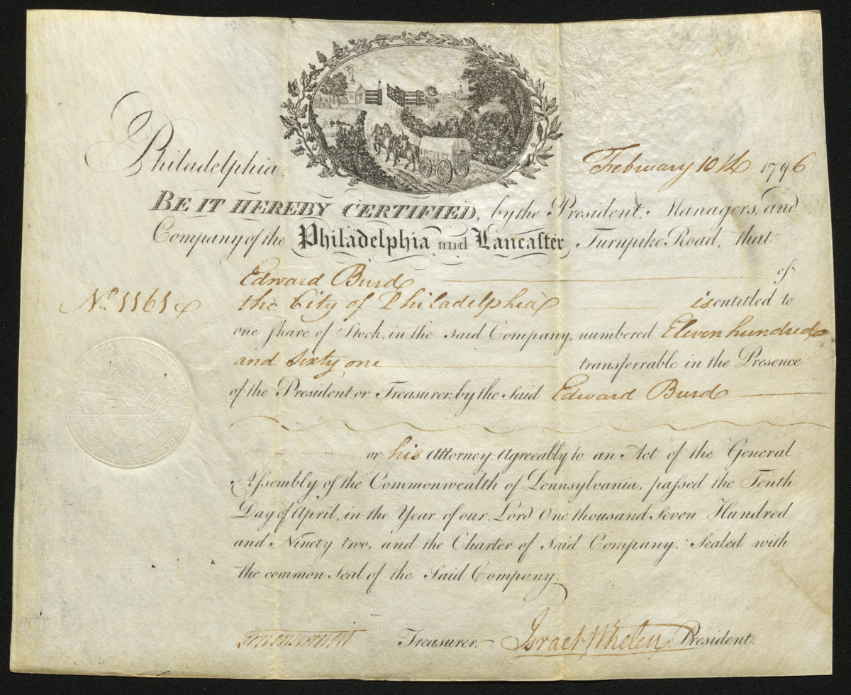 Certificate with black handwritten ink, a seal, and an intricate vignette showing a horse-drawn carriage near a gate and house behind lots of flora