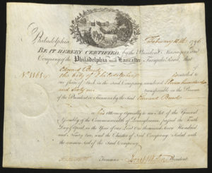 Certificate with black handwritten ink, a seal, and an intricate vignette showing a horse-drawn carriage near a gate and house behind lots of flora