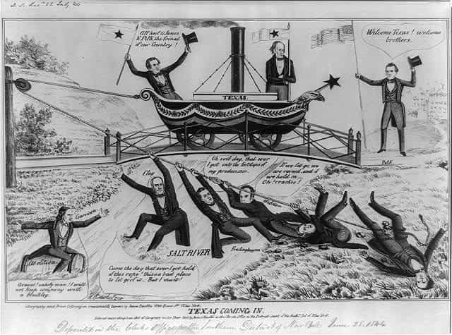 Cartoon drawing of politicians including James Polk, Stephen Austin, and Sam Houston with a ship named “Texas” crossing a bridge