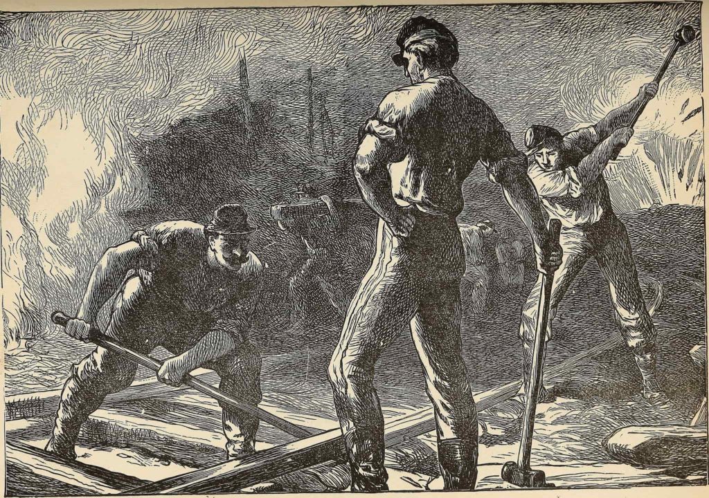 A black and white illustration of men pulling up the rails of a railroad track.