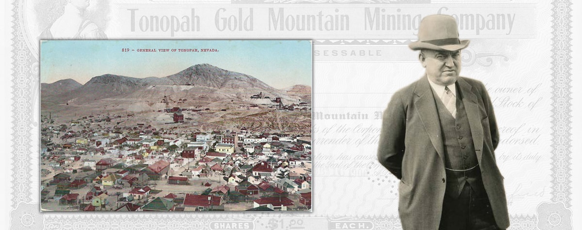 Postcard of an aerial view of the town and mining works of Tonopah and a portrait of George Wingfield