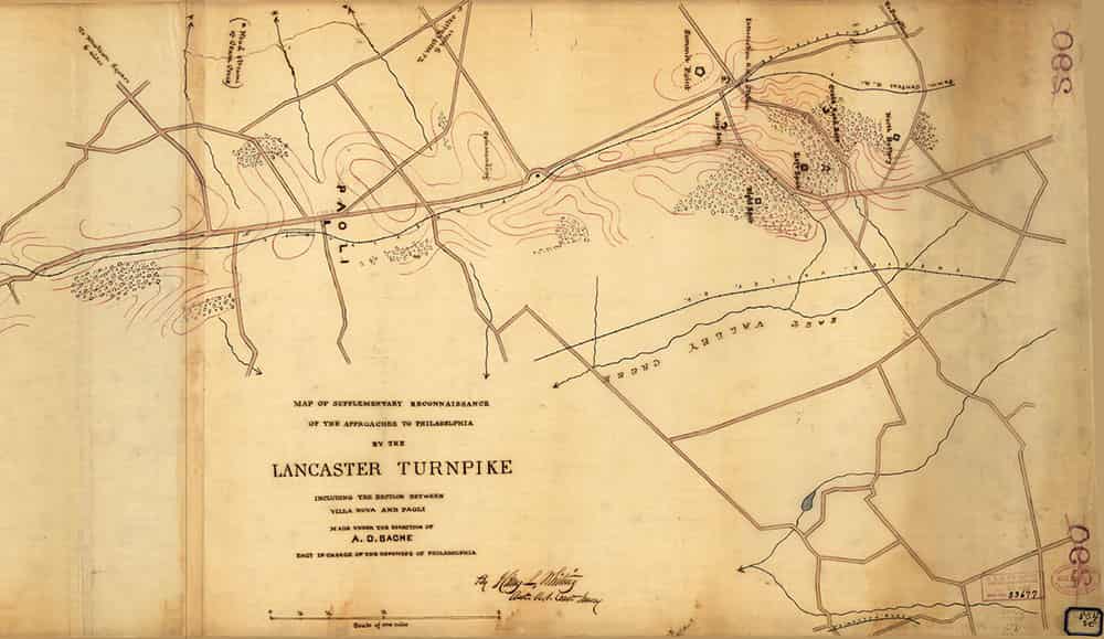 A simple printed road map showing connections and fortifications along the Philadelphia and Lancaster Turnpike Road.